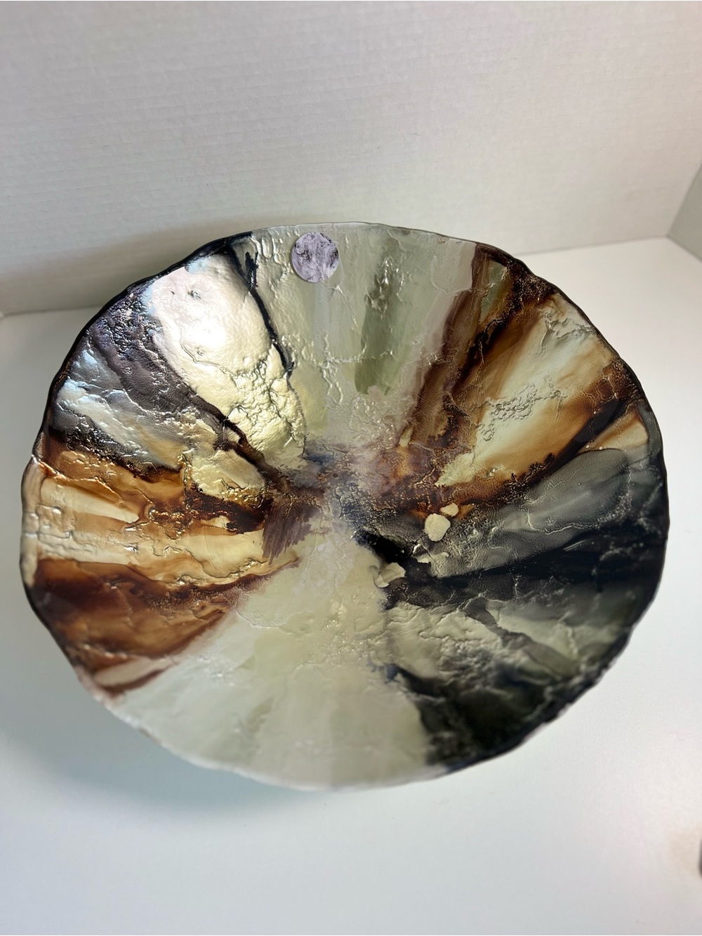 Turkish Art Glass Bowl Reverse Painted Gold Foil Centerpiece 12.5”